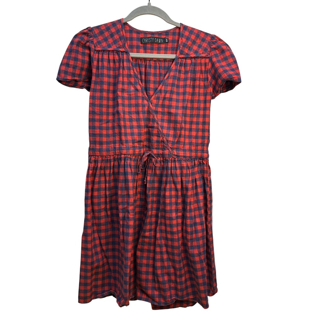Christy Dawn Red Navy Blue Gingham Wrap Mini Dress Cottagecore Prairie XS/S USA